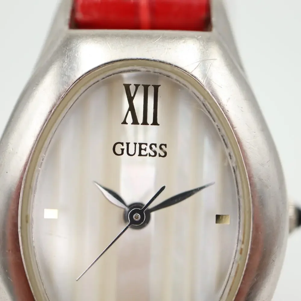 Vintage 1996 Guess Striped MOP Watch 22mm Oval Dial Red Leather w New Battery